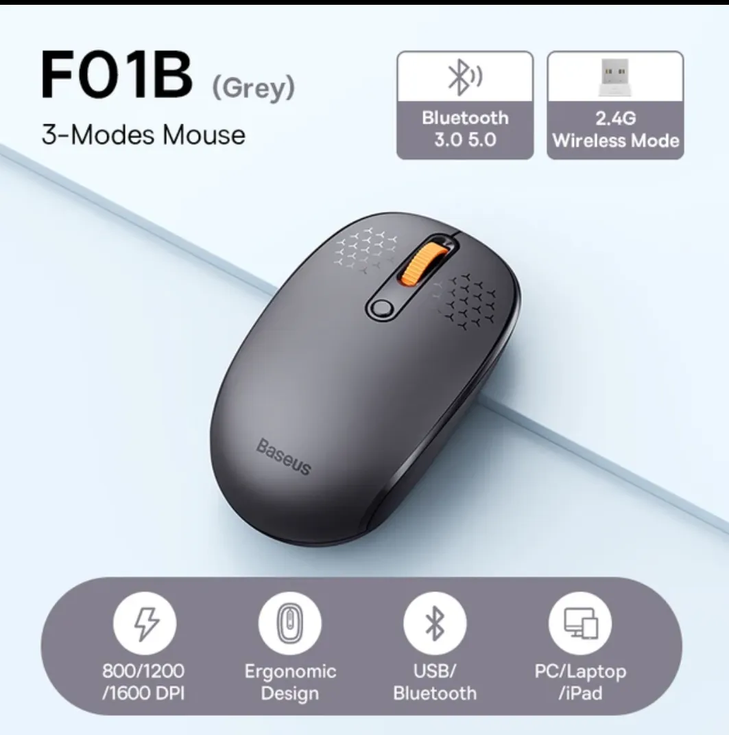 [Taxa Inclusa]Mouse Baseus F01b Mouse Sem Fio, Bluetooth 3.0 5.0, 2.4ghz, Usb
